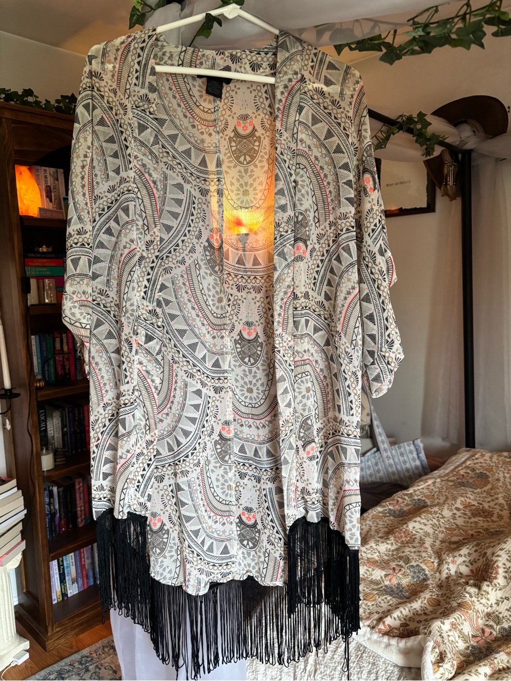 Steve Madden Boho Fringe Kimono - Ivory with Black & Coral Accents